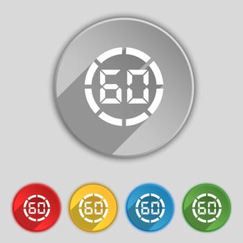 60 second stopwatch icon sign. Symbol on five flat buttons. illustration