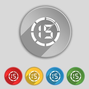 15 second stopwatch icon sign. Symbol on five flat buttons. illustration