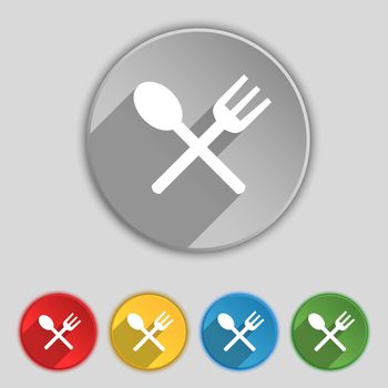 Fork and spoon crosswise, Cutlery, Eat icon sign. Symbol on five flat buttons. illustration