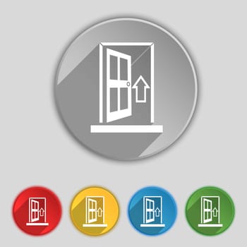 Door, Enter or exit icon sign. Symbol on five flat buttons. illustration