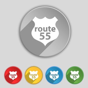 Route 55 highway icon sign. Symbol on five flat buttons. illustration