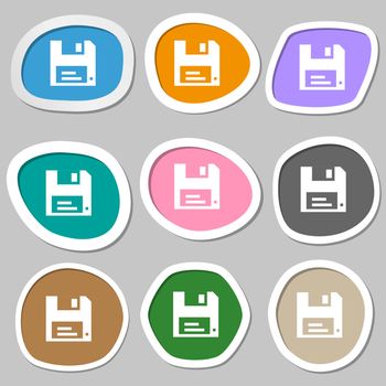 floppy icon symbols. Multicolored paper stickers. illustration