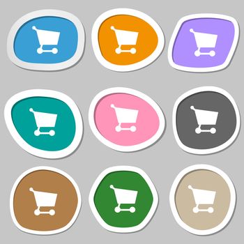 Shopping basket icon symbols. Multicolored paper stickers. illustration