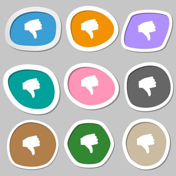 Dislike, Thumb down icon symbols. Multicolored paper stickers. illustration