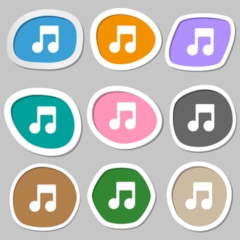 Music note icon symbols. Multicolored paper stickers. illustration