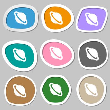 Jupiter planet icon symbols. Multicolored paper stickers. illustration