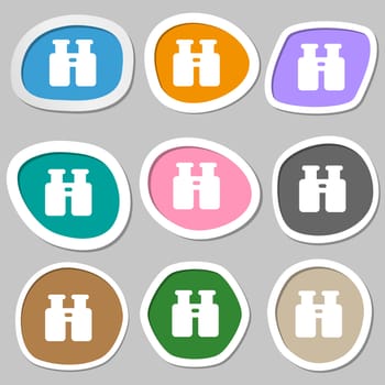 Binocular, Search, Find information icon symbols. Multicolored paper stickers. illustration
