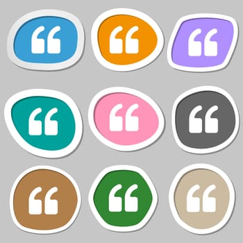 Double quotes at the beginning of words icon symbols. Multicolored paper stickers. illustration