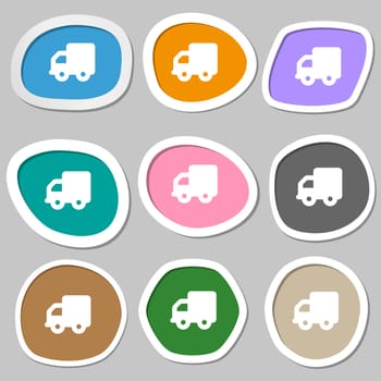 Delivery truck icon symbols. Multicolored paper stickers. illustration