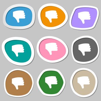 Dislike, Thumb down, Hand finger down icon symbols. Multicolored paper stickers. illustration