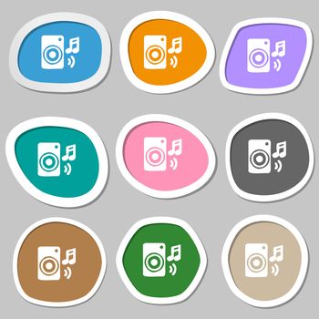 music column, disco, music, melody, speaker icon symbols. Multicolored paper stickers. illustration