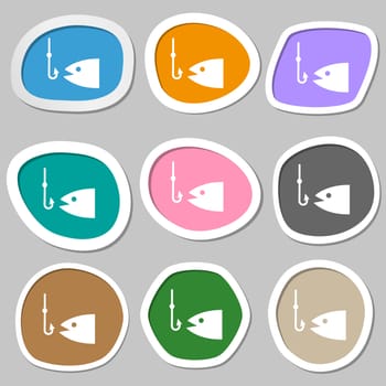 Fishing icon symbols. Multicolored paper stickers. illustration