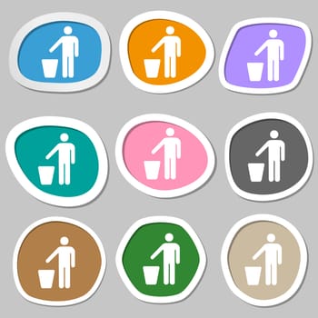 throw away the trash icon symbols. Multicolored paper stickers. illustration