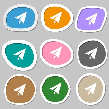 Paper airplane icon symbols. Multicolored paper stickers. illustration