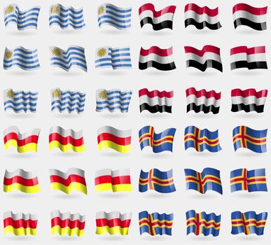 Uruguay, Yemen, North Ossetia, Aland. Set of 36 flags of the countries of the world. illustration