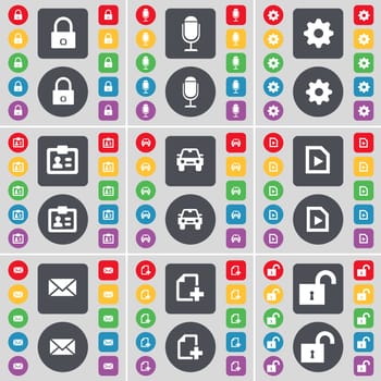 Lock, Microphone, Gear, Contact, Auto, Play document, Message, Addition icon symbol. A large set of flat, colored buttons for your design. illustration