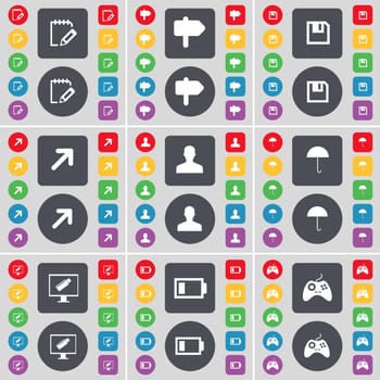 Notebook, Signpost, Floppy, Full screen, Silhouette, Umbrella, Monitor, Battery Low, Gamepad icon symbol. A large set of flat, colored buttons for your design. illustration