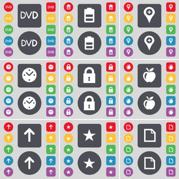 DVD, Battery, Checkpoint, Clock, Lock, Apple, Arrow, Star, File icon symbol. A large set of flat, colored buttons for your design. illustration