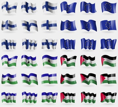 Finland, European Union, Lesothe, Palestine. Set of 36 flags of the countries of the world. illustration