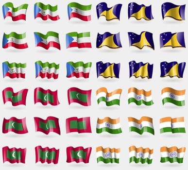 Equatorial Guinea, Tokelau, Maldives, India. Set of 36 flags of the countries of the world. illustration