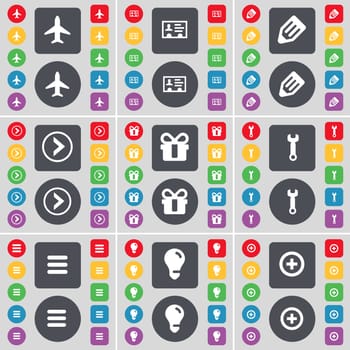 Airplane, Contact, Pencil, Arrow right, Gift, Wrench, Apps, Light bulb, Plus icon symbol. A large set of flat, colored buttons for your design. illustration