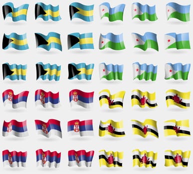 Bahamas, Djibouti, Serbia, Brunei. Set of 36 flags of the countries of the world. illustration