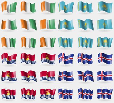 Cote Divoire, Kazakhstan, Kiribati, Iceland. Set of 36 flags of the countries of the world. illustration