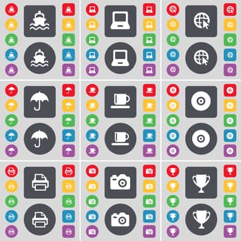 Ship, Laptop, Web cursor, Umbrella, Cup, Disk, Printer, Camera icon symbol. A large set of flat, colored buttons for your design. illustration