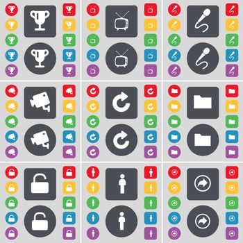 Cup, Retro TV, Microphone, CCTV, Reload, Folder, Lock, Silhouette, Back icon symbol. A large set of flat, colored buttons for your design. illustration