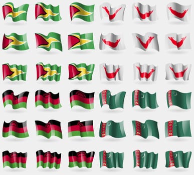 Guyana, Eastar Rapa Nui, Malawi, Turkmenistan. Set of 36 flags of the countries of the world. illustration