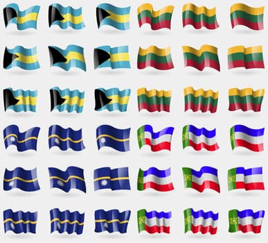 Bahamas, Lithuania, Nauru, Khakassia. Set of 36 flags of the countries of the world. illustration