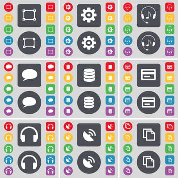 Framing, Gear, Headphones, Chat bubble, Database, Credit card, Sattelite dish, Copy icon symbol. A large set of flat, colored buttons for your design. illustration