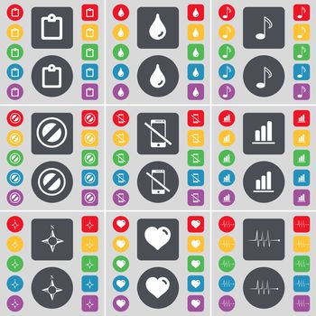 Survay, Drop, Note, Stop, Smartphone, Diagram, Compass, Heart, Pulse icon symbol. A large set of flat, colored buttons for your design. illustration