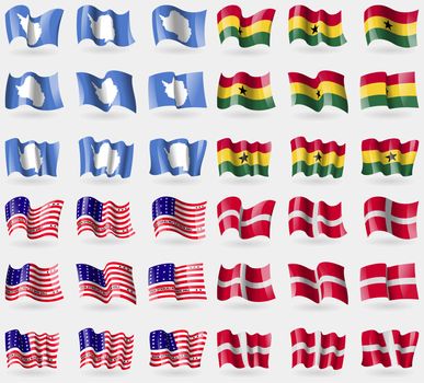 Antarctica, Ghana, Bikini Atoll, Military Order Malta. Set of 36 flags of the countries of the world. illustration