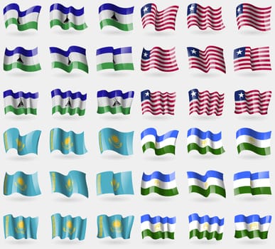 Lesothe, Liberia, Kazakhstan, Bashkortostan. Set of 36 flags of the countries of the world. illustration