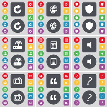 Reload, Globe, Shield, Router, Calculator, Sound, Camera, Quotation, Question icon symbol. A large set of flat, colored buttons for your design. illustration