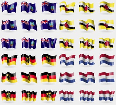 Montserrat, Brunei, Germany, Netherlands. Set of 36 flags of the countries of the world. illustration