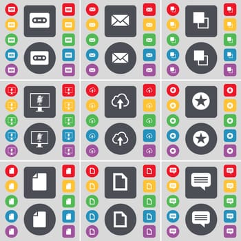 Cassette, Message, Copy, Monitor, Cloud, Star, File, Chat bubble icon symbol. A large set of flat, colored buttons for your design. illustration