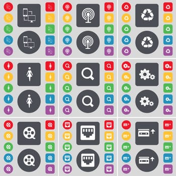 File exchange, Wi-Fi, Recycling, Silhouette, Magnifying glass, Gears, Videotape, LAN socket, Cassette icon symbol. A large set of flat, colored buttons for your design. illustration