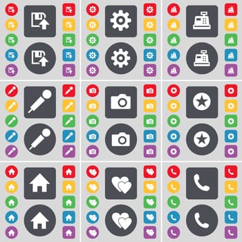 Floppy, Gear, Cash register, Microphone, Camera, Star, House, Hearts, Receiver icon symbol. A large set of flat, colored buttons for your design. illustration