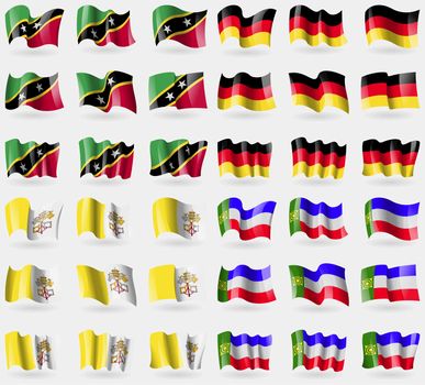 Saint Kitts and Kevis, Germany, Vatican CityHoly See, Khakassia. Set of 36 flags of the countries of the world. illustration