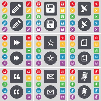 Pencil, Floppy, Satellite dish, Rewind, Star, File, Quotation, Message, Microphone icon symbol. A large set of flat, colored buttons for your design. illustration