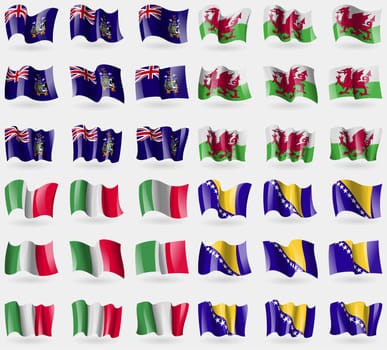 Georgia and Sandwich, Wales, Italy, Bosnia and Herzegovina. Set of 36 flags of the countries of the world. illustration