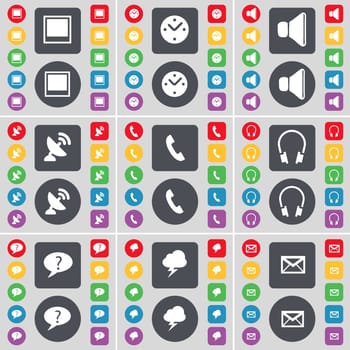 Window, Clock, Sound, Satellite dish, Receiver, Headphones, Chat bubble, Thunderstorm, Message icon symbol. A large set of flat, colored buttons for your design. illustration