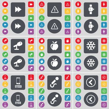 Rewind, Warning, Wrist watch, Microphone, Apple, Snowflake, Smartphone, Arrow left icon symbol. A large set of flat, colored buttons for your design. illustration