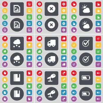 Media file, Stop, Weather, Cloud, Truck, Tick, Dictionary, Microphone, Battery icon symbol. A large set of flat, colored buttons for your design. illustration