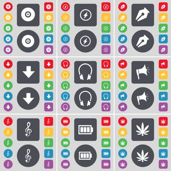 Disk, Flash, Ink pen, Arrow, Headphones, Megaphone, Clef, Battery, Marijuana icon symbol. A large set of flat, colored buttons for your design. illustration