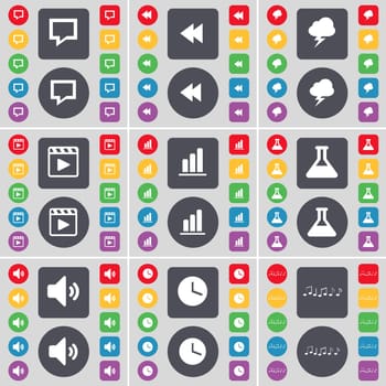 Chat bubble, Rewind, Lightning, Media player, Diagram, Flask, Sound, Cloud, Note icon symbol. A large set of flat, colored buttons for your design. illustration