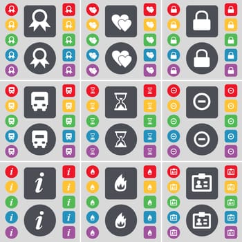 Medal, Heart, Lock, Car, Hourglass, Minus, Information, Fire, Contact icon symbol. A large set of flat, colored buttons for your design. illustration