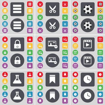 Apps, Scissors, Ball, Lock, Picture, Media Player, Flask, Marker, Clock icon symbol. A large set of flat, colored buttons for your design. illustration